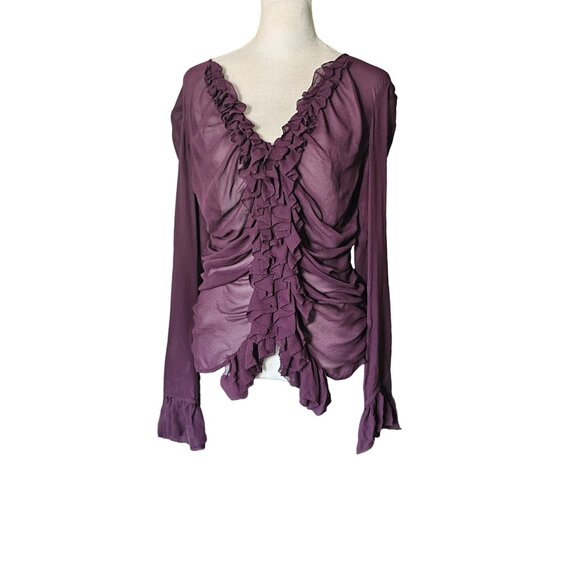 DKNY Women's Purple Silk Ruffle V Neck Pheasant Boho vibe Top Blouse size 10 - Picture 7 of 12